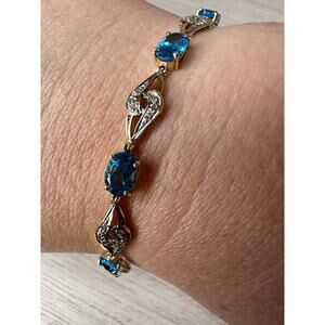 14k Yellow Gold London Blue Topaz and Diamond 7” Tennis Bracelet 6 Grams Vintage